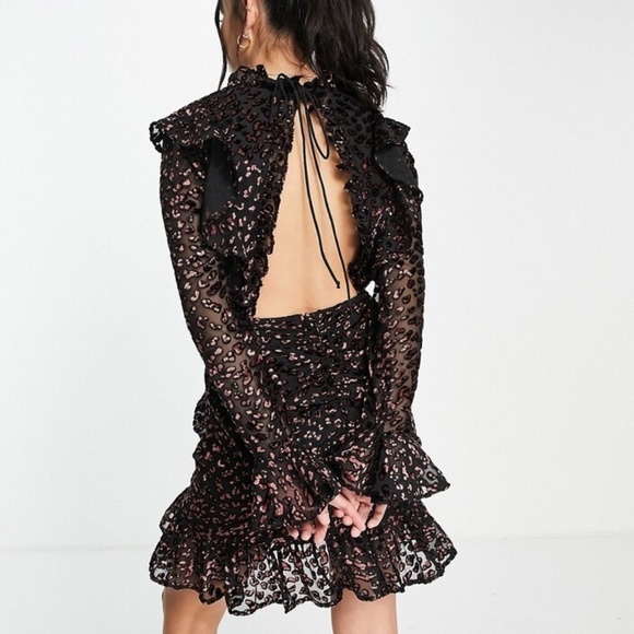 NWOT‎ ASOS Design Ruffle Wrap Leopard Burnout Velvet Mini Dress Backless Size 10 - Picture 10 of 16